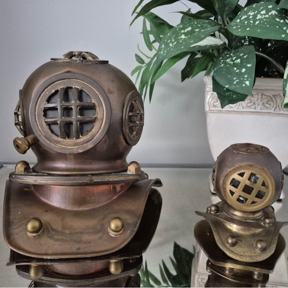 Vintage-Style Nautical Brass Diving Helmet Set – Large & Small Nautical Decor